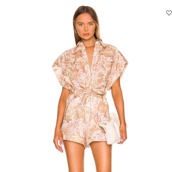 Zimmermann Pants - Zimmermann Andie Cuff Playsuit  Sepia Floral Linen Romper Short Sleeve Sz M
